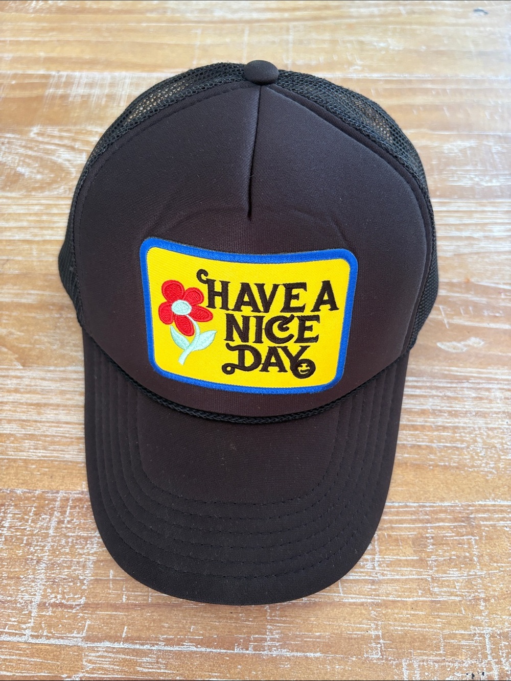 ‘Have A Nice Day’ Trucker Hat Women’s Black, Yellow and Red Trending Cap